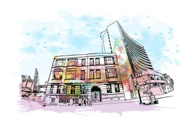 Christchurch 'ün simgesi olan Print Building View Yeni Zelanda' da yer almaktadır. Vektörde elle çizilmiş resim ile suluboya sıçraması.