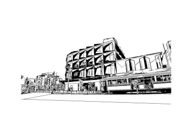 Christchurch 'ün simgesi olan Print Building View Yeni Zelanda' da yer almaktadır. Vektörde elle çizilmiş çizim çizimi.