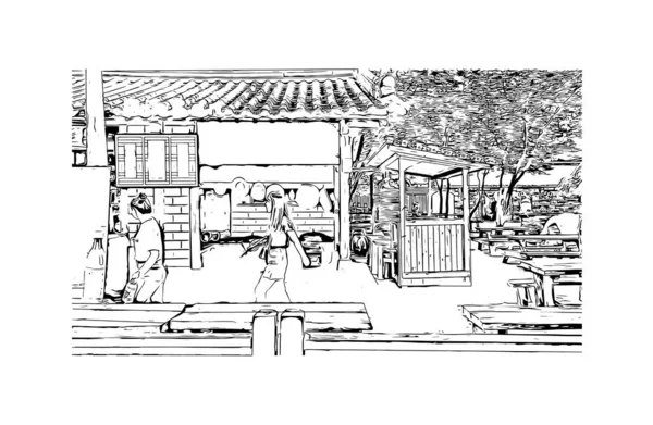带有春川地标的印刷建筑景观是韩国的首都 矢量手绘草图 — 图库矢量图片