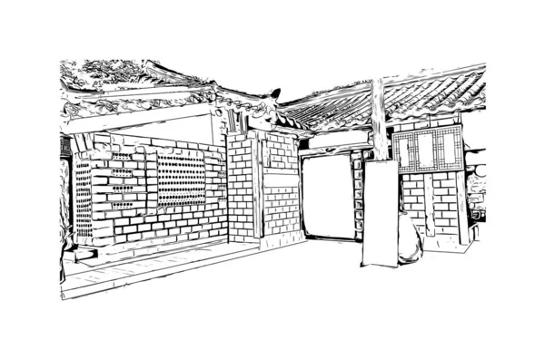 带有春川地标的印刷建筑景观是韩国的首都 矢量手绘草图 — 图库矢量图片