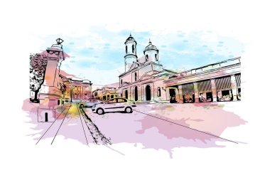 Cienfuegos 'un simgesi olan Print Building View Küba' da yer almaktadır. Vektörde elle çizilmiş resim ile suluboya sıçraması.