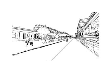 Cienfuegos 'un simgesi olan Print Building View Küba' da yer almaktadır. Vektörde elle çizilmiş çizim çizimi.