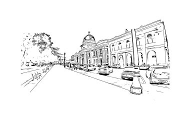 Cienfuegos 'un simgesi olan Print Building View Küba' da yer almaktadır. Vektörde elle çizilmiş çizim çizimi.