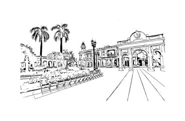 Cienfuegos 'un simgesi olan Print Building View Küba' da yer almaktadır. Vektörde elle çizilmiş çizim çizimi.