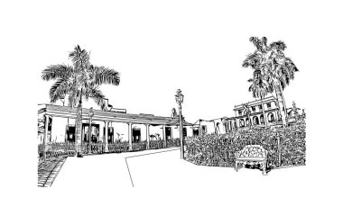 Cienfuegos 'un simgesi olan Print Building View Küba' da yer almaktadır. Vektörde elle çizilmiş çizim çizimi.
