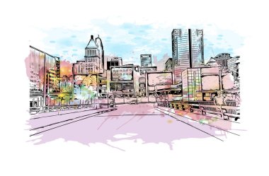 Print Building view with landmark of Cincinnati, Ohio 'da bir şehirdir. Vektörde elle çizilmiş resim ile suluboya sıçraması.