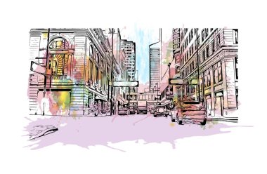 Print Building view with landmark of Cincinnati, Ohio 'da bir şehirdir. Vektörde elle çizilmiş resim ile suluboya sıçraması.