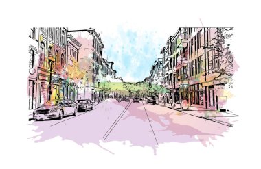 Print Building view with landmark of Cincinnati, Ohio 'da bir şehirdir. Vektörde elle çizilmiş resim ile suluboya sıçraması.