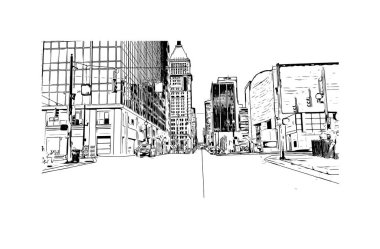 Print Building view with landmark of Cincinnati, Ohio 'da bir şehirdir. Vektörde elle çizilmiş çizim çizimi.