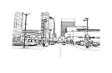 Print Building view with landmark of Cincinnati, Ohio 'da bir şehirdir. Vektörde elle çizilmiş çizim çizimi.