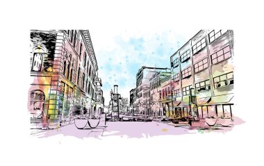 Print Building view with landmark of Fort Wayne, Indiana 'nın kuzeydoğusunda bir şehirdir. Vektörde elle çizilmiş resim ile suluboya sıçraması.