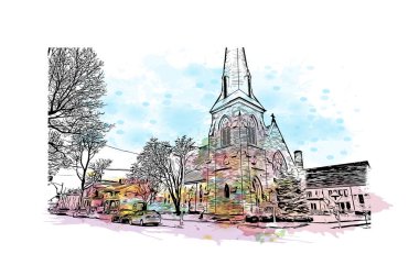Print Building view with landmark of Fort Wayne, Indiana 'nın kuzeydoğusunda bir şehirdir. Vektörde elle çizilmiş resim ile suluboya sıçraması.