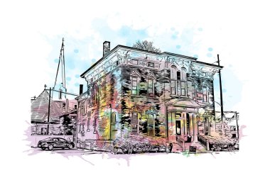 Print Building view with landmark of Fort Wayne, Indiana 'nın kuzeydoğusunda bir şehirdir. Vektörde elle çizilmiş resim ile suluboya sıçraması.