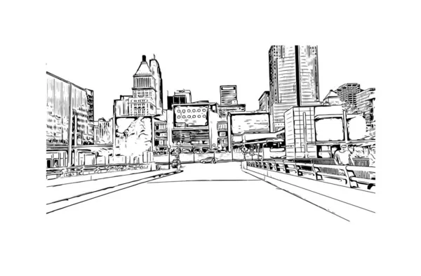 Vytisknout Pohled Budovu Orientačním Bodem Cincinnati Město Ohiu Ručně Kreslená — Stockový vektor