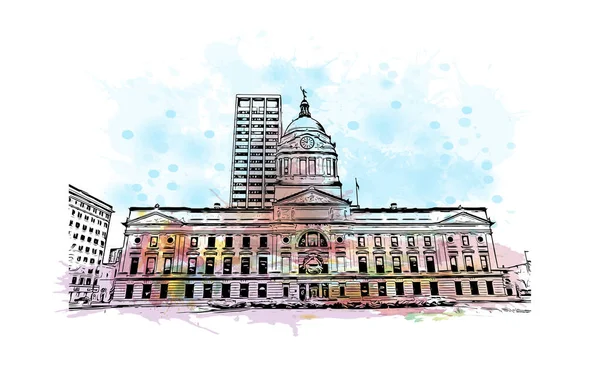 Print Building View Landmark Fort Wayne City Northeastern Indiana Watercolor — ストックベクタ