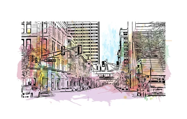 Print Building View Landmark Fort Wayne City Northeastern Indiana Watercolor — ストックベクタ