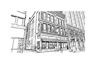 Print Building view with landmark of Fort Wayne, Indiana 'nın kuzeydoğusunda bir şehirdir. Vektörde elle çizilmiş çizim çizimi.