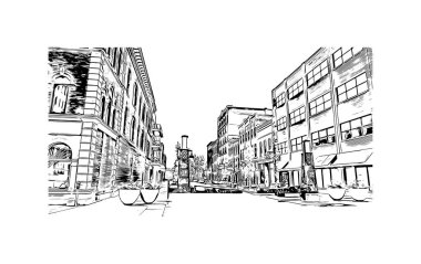 Print Building view with landmark of Fort Wayne, Indiana 'nın kuzeydoğusunda bir şehirdir. Vektörde elle çizilmiş çizim çizimi.