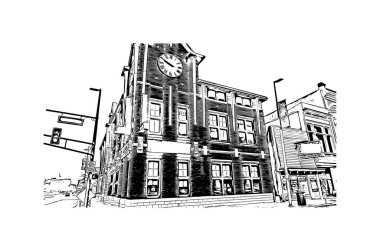 Print Building view with landmark of Fort Wayne, Indiana 'nın kuzeydoğusunda bir şehirdir. Vektörde elle çizilmiş çizim çizimi.