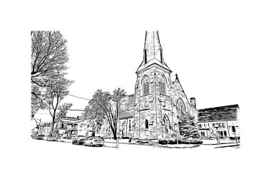 Print Building view with landmark of Fort Wayne, Indiana 'nın kuzeydoğusunda bir şehirdir. Vektörde elle çizilmiş çizim çizimi.