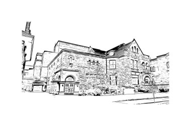 Print Building view with landmark of Fort Wayne, Indiana 'nın kuzeydoğusunda bir şehirdir. Vektörde elle çizilmiş çizim çizimi.