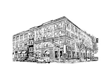 Print Building view with landmark of Fort Wayne, Indiana 'nın kuzeydoğusunda bir şehirdir. Vektörde elle çizilmiş çizim çizimi.