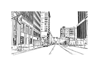 Print Building view with landmark of Fort Wayne, Indiana 'nın kuzeydoğusunda bir şehirdir. Vektörde elle çizilmiş çizim çizimi.