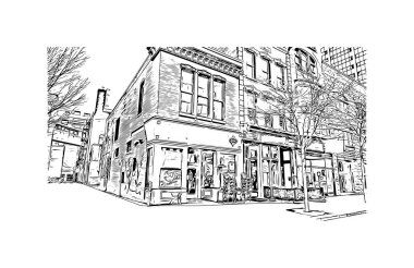 Print Building view with landmark of Fort Wayne, Indiana 'nın kuzeydoğusunda bir şehirdir. Vektörde elle çizilmiş çizim çizimi.