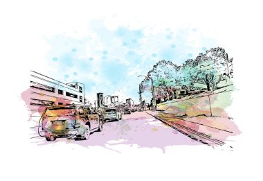 Print Building view with landmark of Fort Worth is a city in North Central Texas. Vektörde elle çizilmiş resim ile suluboya sıçraması.