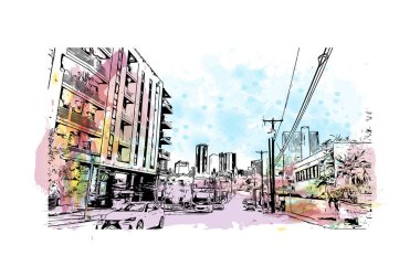 Print Building view with landmark of Fort Worth is a city in North Central Texas. Vektörde elle çizilmiş resim ile suluboya sıçraması.