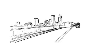 Print Building view with landmark of Fort Worth is a city in North Central Texas. Vektörde elle çizilmiş çizim çizimi.