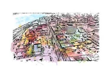 Print Building view with landmark of Fredericton is the city in Canada. Vektörde elle çizilmiş resim ile suluboya sıçraması.