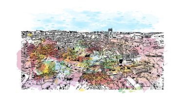 Print Building view with landmark of Fribourg, İsviçre 'nin batısında yer alan aynı adlı bölgenin başkentidir. Vektörde elle çizilmiş resim ile suluboya sıçraması.