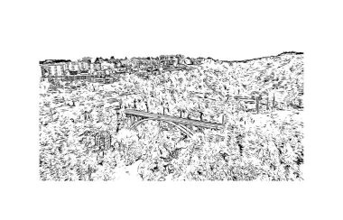 Print Building view with landmark of Fribourg, İsviçre 'nin batısında yer alan aynı adlı bölgenin başkentidir. Vektörde elle çizilmiş çizim çizimi.