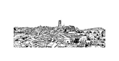 Print Building view with landmark of Fribourg, İsviçre 'nin batısında yer alan aynı adlı bölgenin başkentidir. Vektörde elle çizilmiş çizim çizimi.