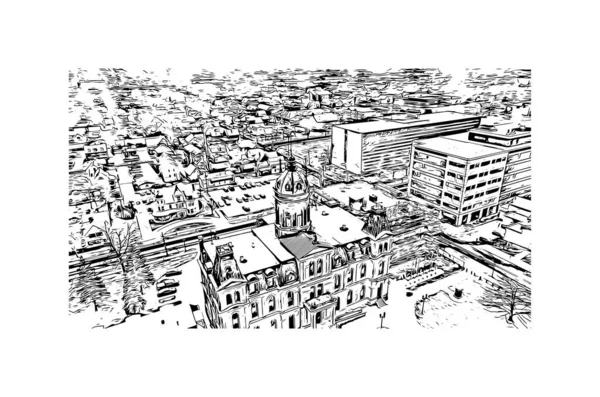印刷フレデリクトンのランドマークとビルの景色はカナダの街です 手描きのスケッチ図ベクトル — ストックベクタ