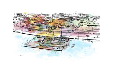 Fujairah, Birleşik Arap Emirlikleri 'nde yer alan bir şehirdir. Vektörde elle çizilmiş resim ile suluboya sıçraması.