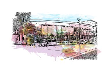 Print Building view with landmark of Funchal, Portekiz 'in başkentidir. Vektörde elle çizilmiş resim ile suluboya sıçraması.