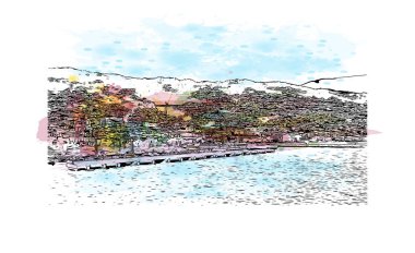 Print Building view with landmark of Funchal, Portekiz 'in başkentidir. Vektörde elle çizilmiş resim ile suluboya sıçraması.