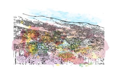 Print Building view with landmark of Funchal, Portekiz 'in başkentidir. Vektörde elle çizilmiş resim ile suluboya sıçraması.