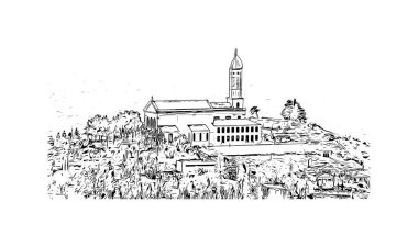 Print Building view with landmark of Funchal, Portekiz 'in başkentidir. Vektörde elle çizilmiş çizim çizimi.