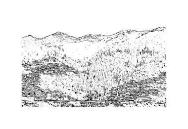 Print Building view with landmark of Funchal, Portekiz 'in başkentidir. Vektörde elle çizilmiş çizim çizimi.