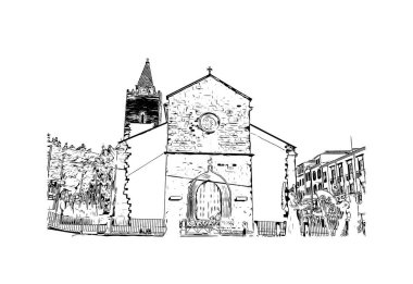Print Building view with landmark of Funchal, Portekiz 'in başkentidir. Vektörde elle çizilmiş çizim çizimi.
