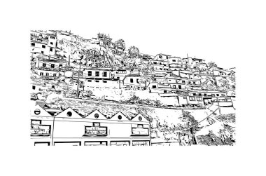 Print Building view with landmark of Funchal, Portekiz 'in başkentidir. Vektörde elle çizilmiş çizim çizimi.