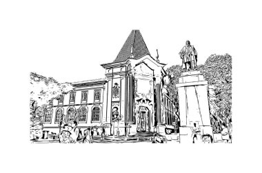 Print Building view with landmark of Funchal, Portekiz 'in başkentidir. Vektörde elle çizilmiş çizim çizimi.