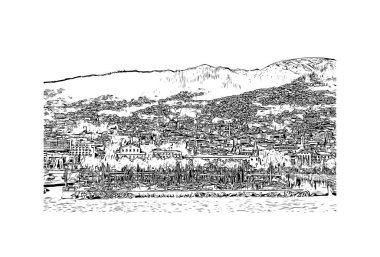 Print Building view with landmark of Funchal, Portekiz 'in başkentidir. Vektörde elle çizilmiş çizim çizimi.