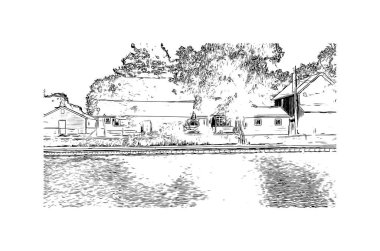 Print Building view with landmark of Grand Island is a middle Nebraska. Vektörde elle çizilmiş çizim çizimi.