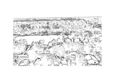 Print Building view with landmark of Grand Island is a middle Nebraska. Vektörde elle çizilmiş çizim çizimi.