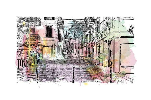 印刷フンシャルのランドマークとビルの景色はポルトガルの首都です 手描きのスケッチイラストと水彩スプラッシュベクトル — ストックベクタ