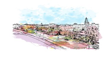 Print Building view with landmark of Grand Forks, Kuzey Dakota 'da bir şehirdir. Vektörde elle çizilmiş resim ile suluboya sıçraması.